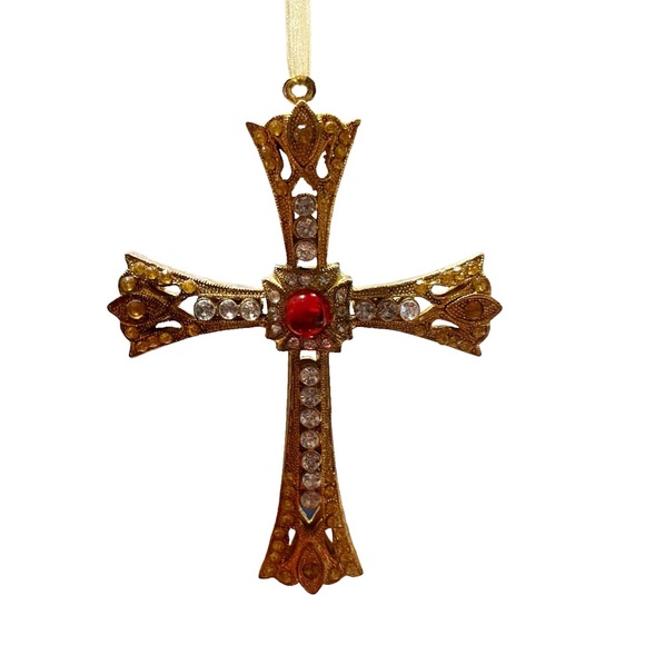 Christmas Rhinestone Ornament, Ornate Gold Metal Jeweled Religious Cross - Picture 4 of 4
